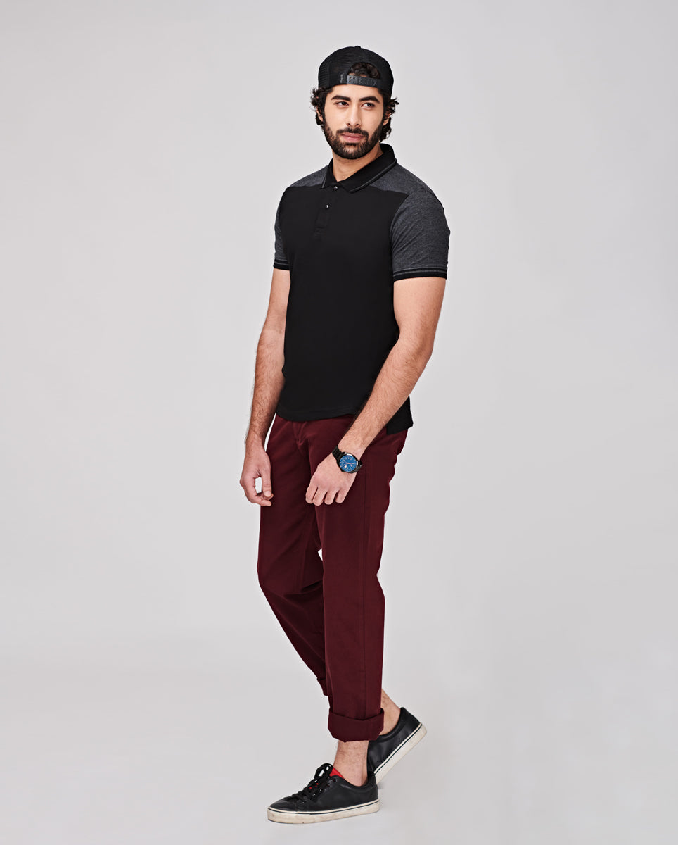 Cotton Stretch Black Checkered Flat Front Casual Trouser